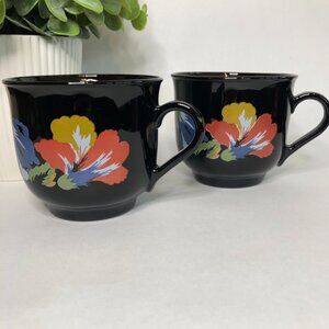 Vintage Arcoroc France Coffee Mugs in Black and Floral
